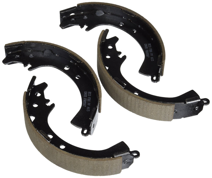 Bosch rear brake shoes front view showing bonded friction and reliable fit