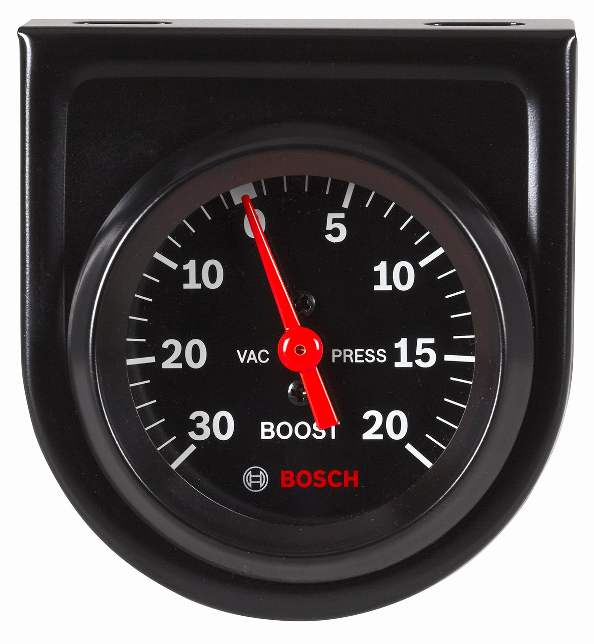 Bosch front view of black dial gauge showing clear vacuum and boost readings for accurate monitoring