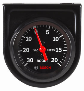 Bosch front view of black dial gauge showing clear vacuum and boost readings for accurate monitoring