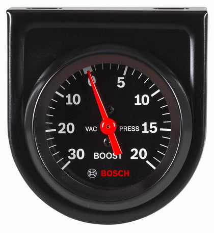 Bosch front view of black dial gauge showing clear vacuum and boost readings for accurate monitoring