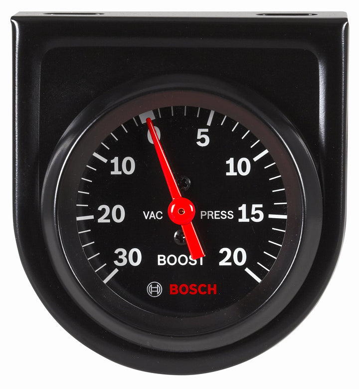 Bosch front view of black dial gauge showing clear vacuum and boost readings for accurate monitoring