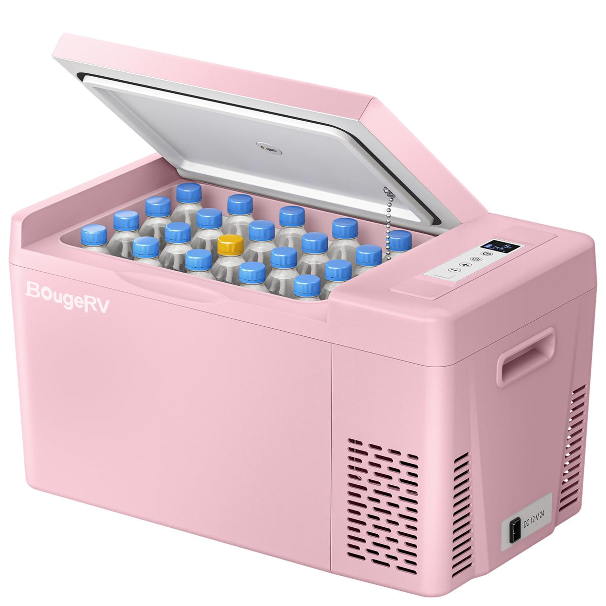 BougeRV pink 12V refrigerator front view showing compact design and mobility
