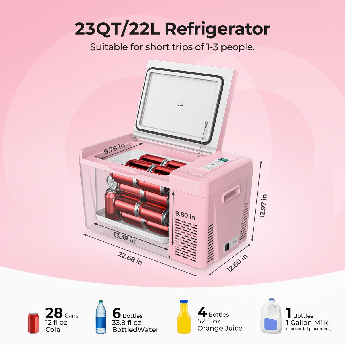 BougeRV refrigerator open interior showing 23-quart capacity and organized storage