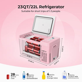 BougeRV refrigerator open interior showing 23-quart capacity and organized storage