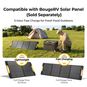 Person holding BougeRV battery showing light weight for easy transport
