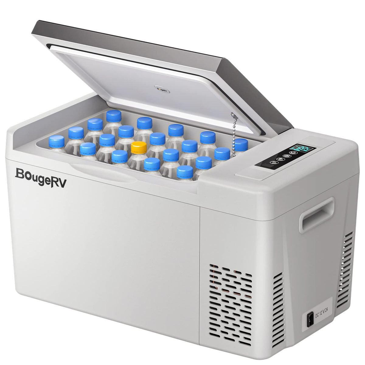BougeRV CR22 front view showing compact 23‑quart design and grey finish for easy placement