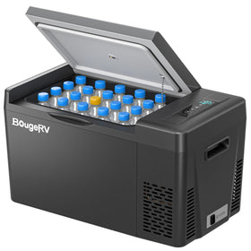 BougeRV CR22 front view showing compact fridge for easy storage and transport