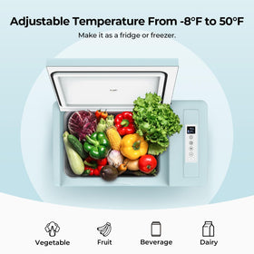 BougeRV fridge open with frozen food inside demonstrating fast deep-freeze performance
