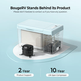 BougeRV next to backpack showing 23-quart size and lightweight portability benefit