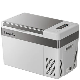 BougeRV CR28 front view showing compact fridge and branding with travel-ready benefit