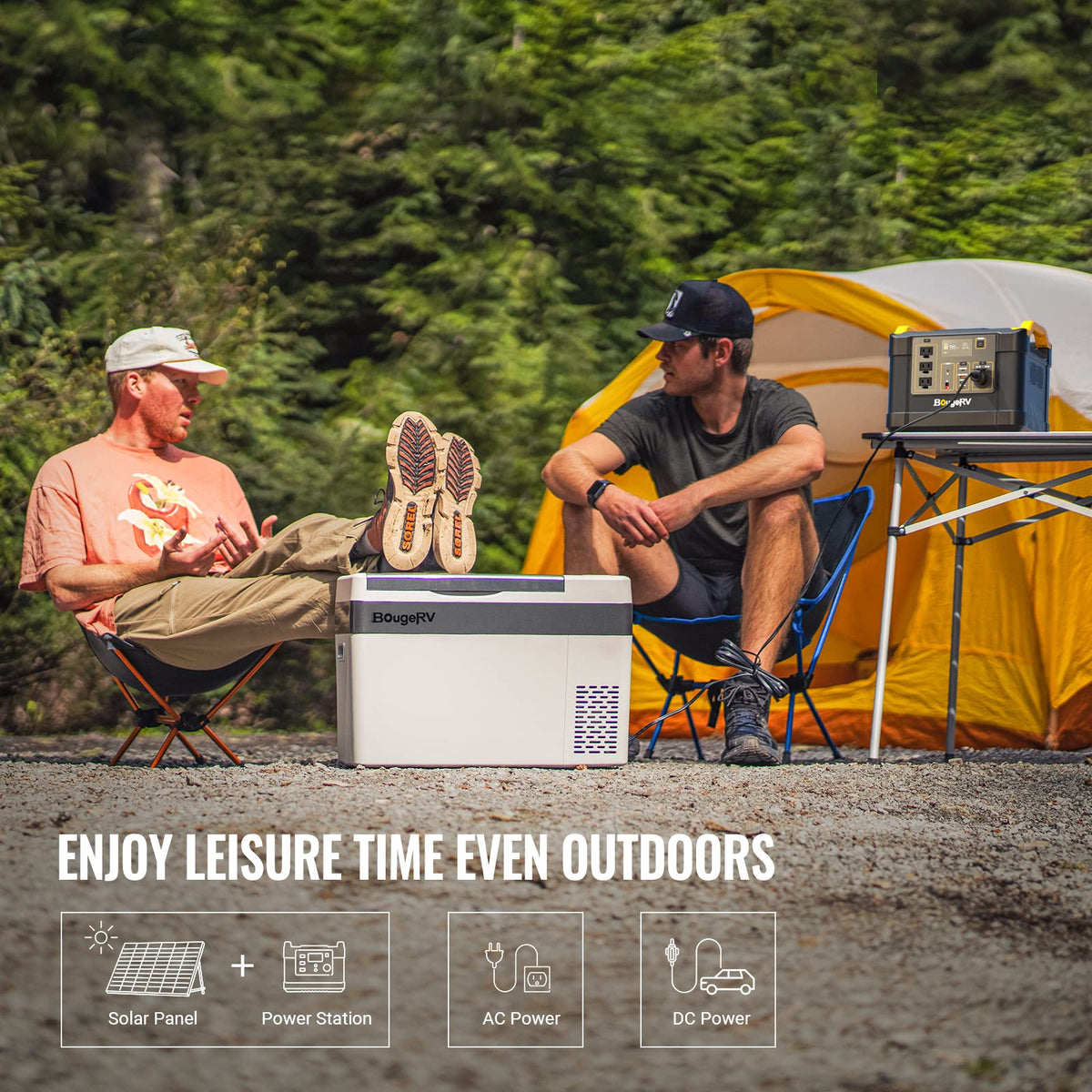 BougeRV CR28 laid out with AC and DC cords plus manual showing ready-to-use accessories