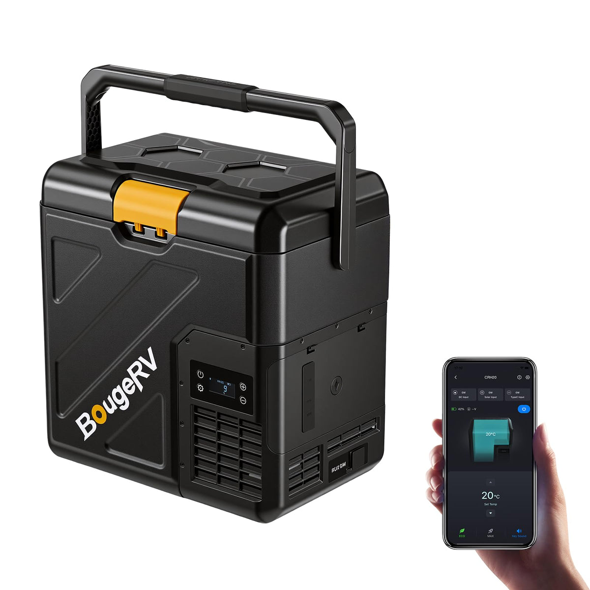 BougeRV CRH20 front view showing compact portable fridge useful for travel