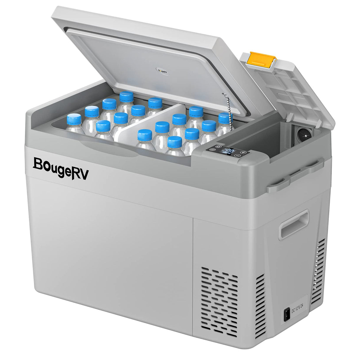 BougeRV CRPRO front view showing compact grey body and lid, ready for travel