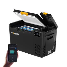 BougeRV CRX3 front view showing compact fridge and durable lid for travel convenience