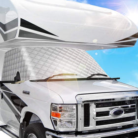 BougeRV front view on Ford E450 showing full windshield protection and privacy benefit
