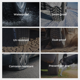 BougeRV lifestyle shot at campsite showing practical tire protection