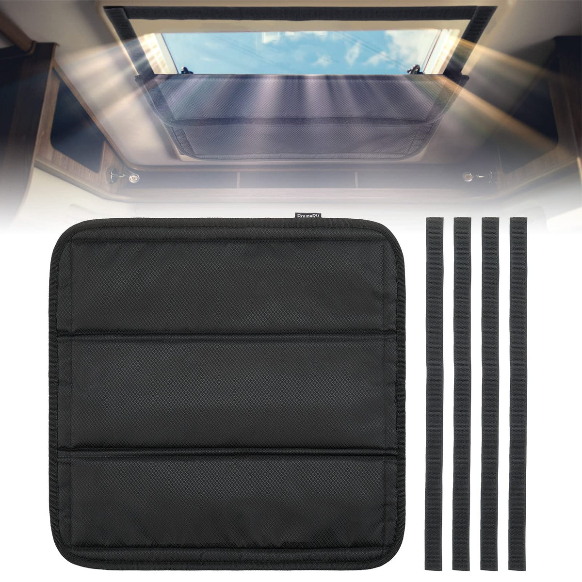BougeRV skylight cover front view showing full blackout panel and fit benefit