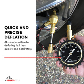 Boulder Tools deflator close-up on brass fitting highlighting fast, precise air release