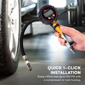 Boulder Tools gauge attached to car tire demonstrating fast accurate inflation