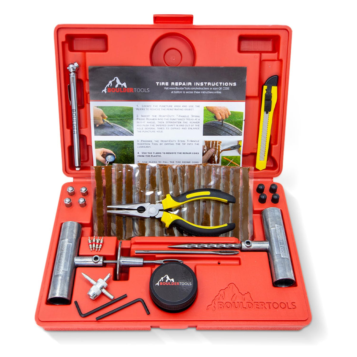Boulder Tools open case showing organized tire repair kit for ready use