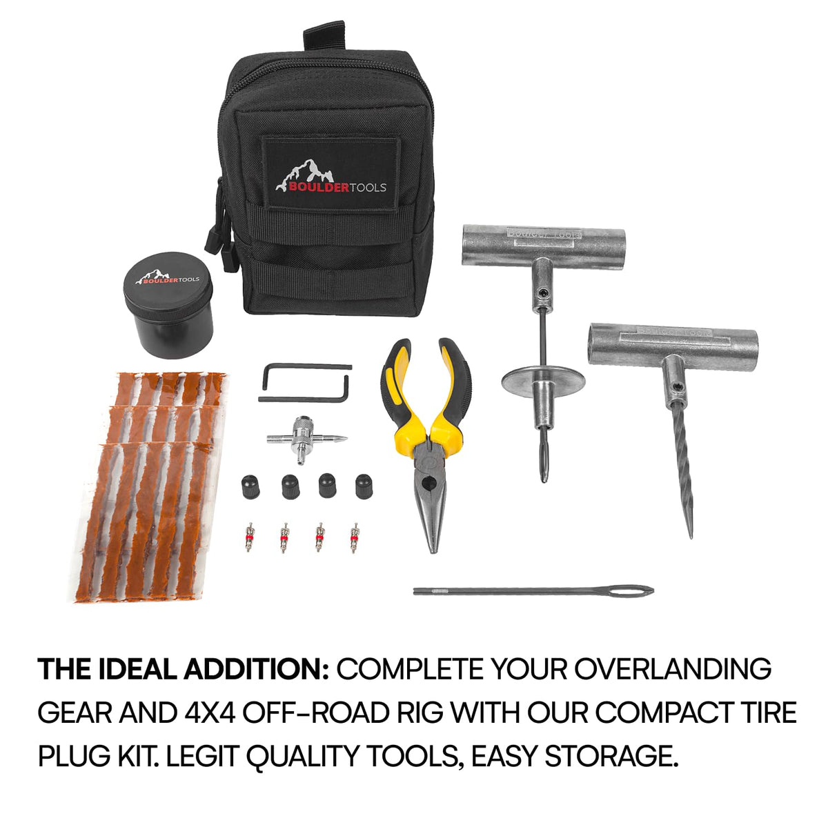 Boulder Tools plug strip detail highlighting ready-to-use plugs for tubeless tires