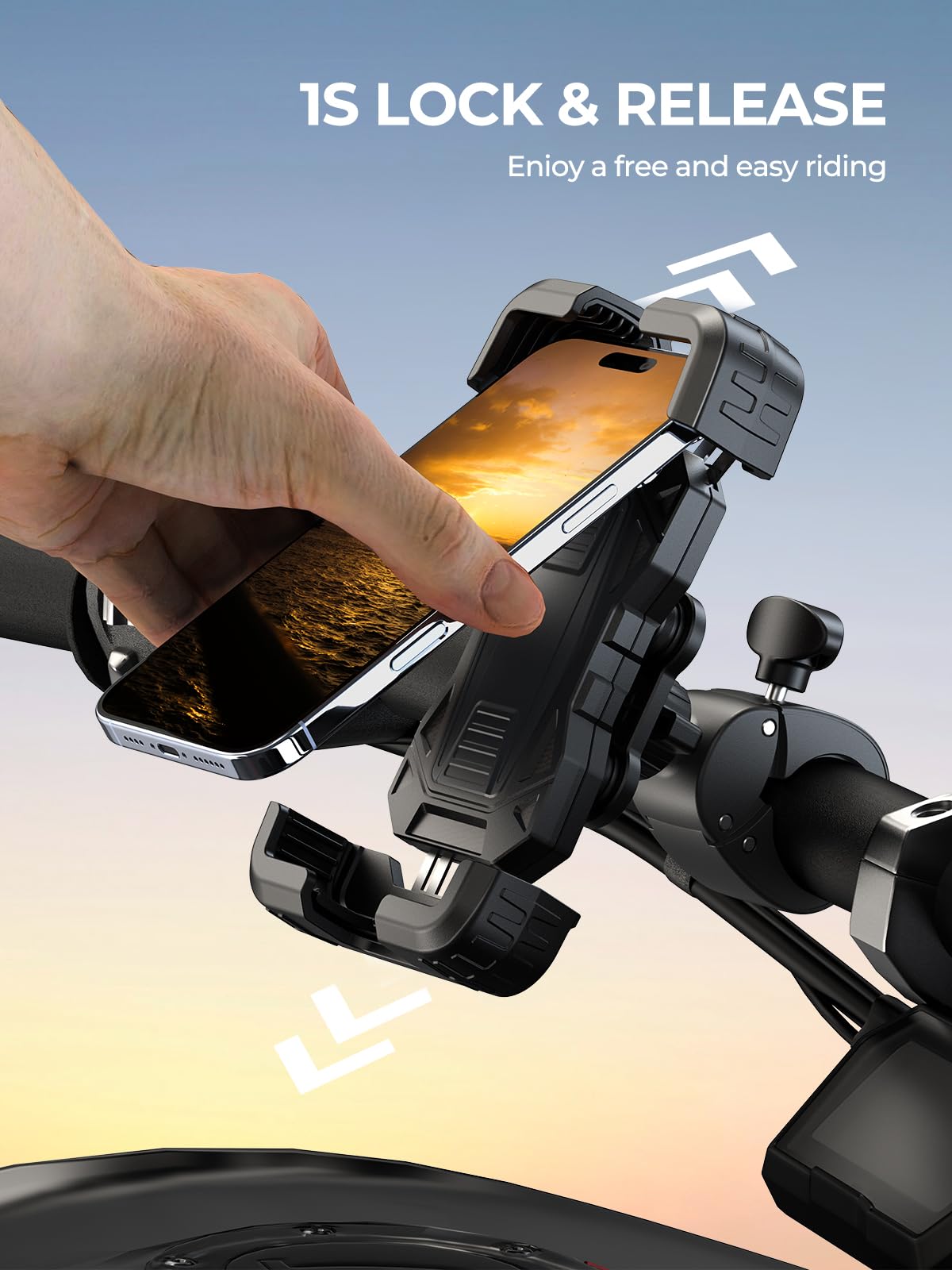 Bovemanx on motorcycle in motion, reliable secure phone access