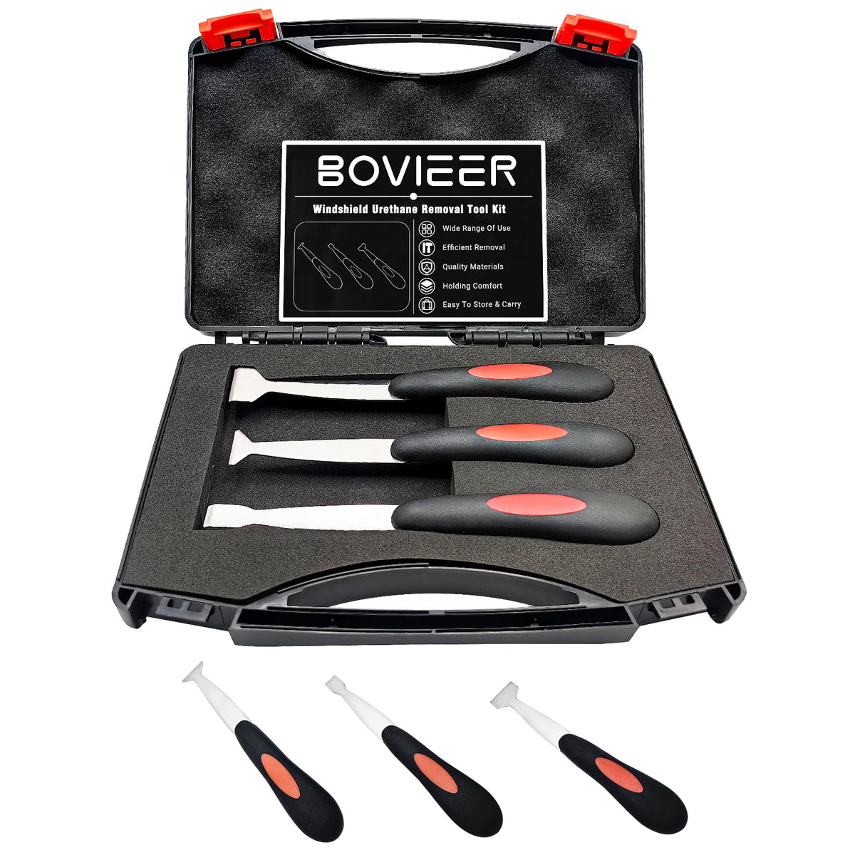 BOVIEER front of kit showing three scrapers and case for organized storage