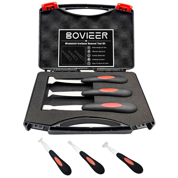 BOVIEER front of kit showing three scrapers and case for organized storage