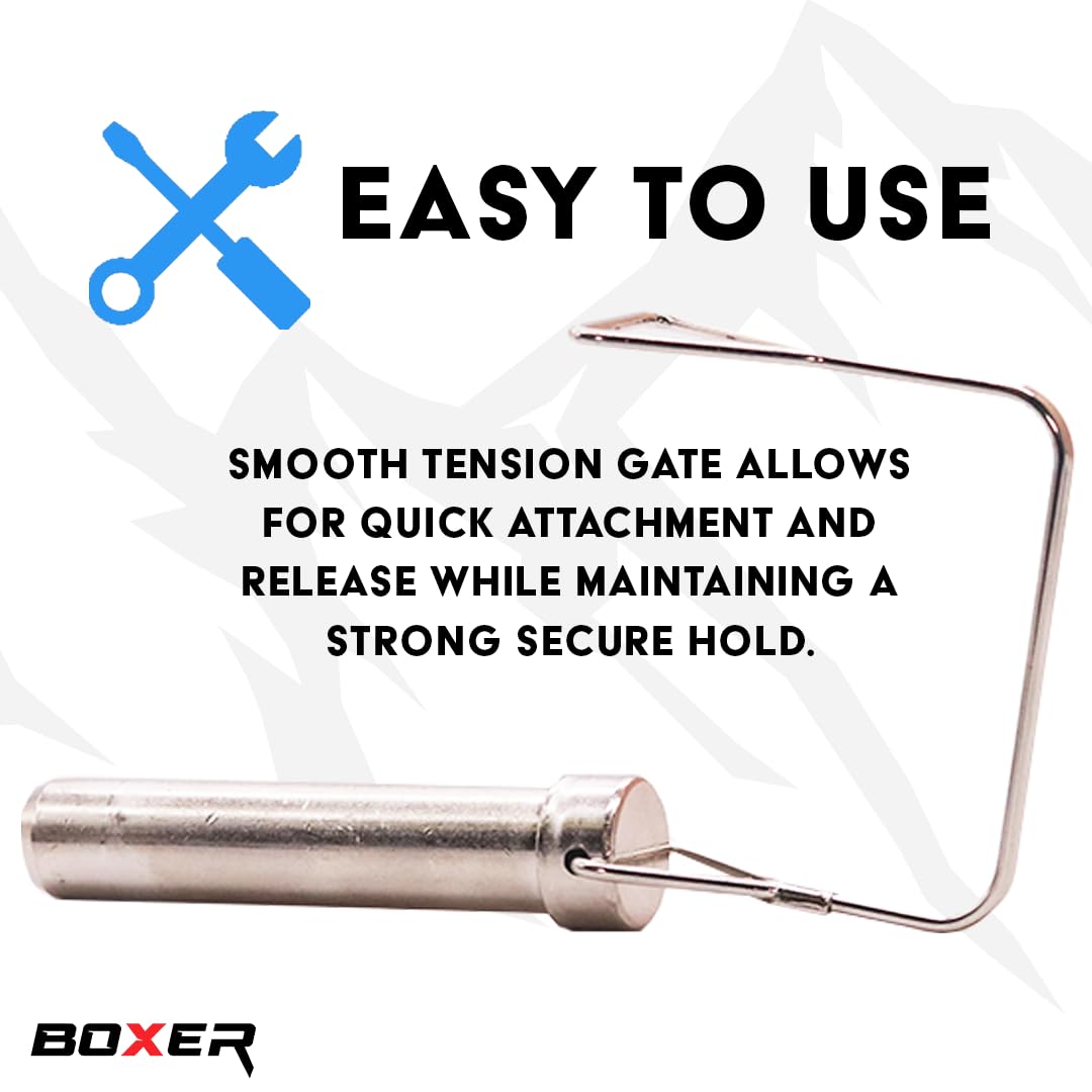 Boxer pin installed in trailer hitch demonstrating secure connection