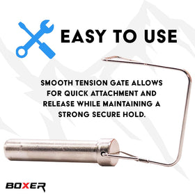 Boxer pin installed in trailer hitch demonstrating secure connection