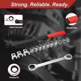 BQEC laid-out sockets and crowfoots demonstrating socket range for multiple tensioner bolts