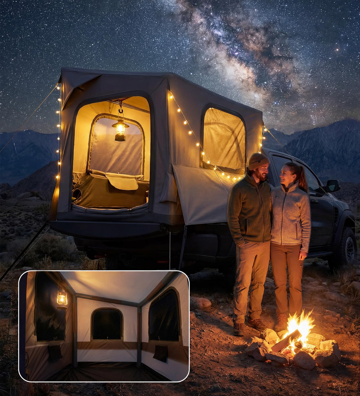 BravArrk next to person for scale illustrating fit for 5.5–8 ft beds