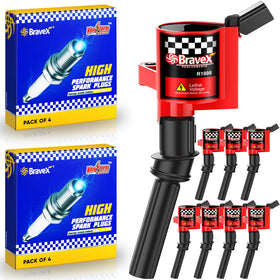 Bravex front packaging of coil and SP479 spark plug kit showing complete set and compatibility