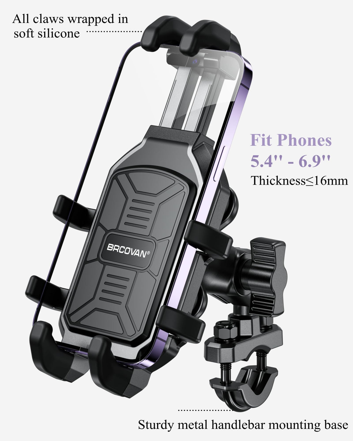 BRCOVAN eight-claw grip detail holding phone securely on rough roads