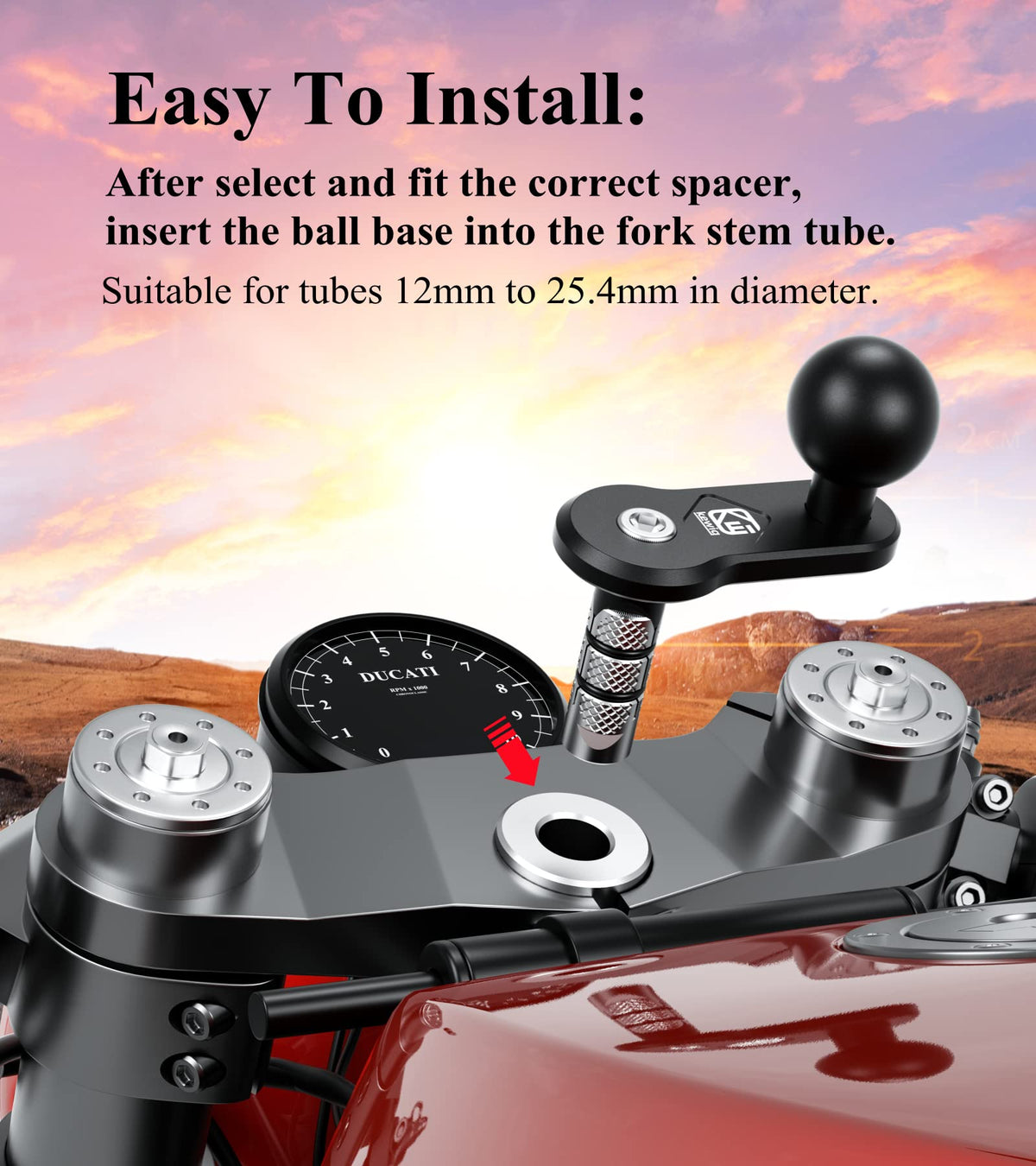 BRCOVAN mount installed in motorcycle fork stem providing clean attachment