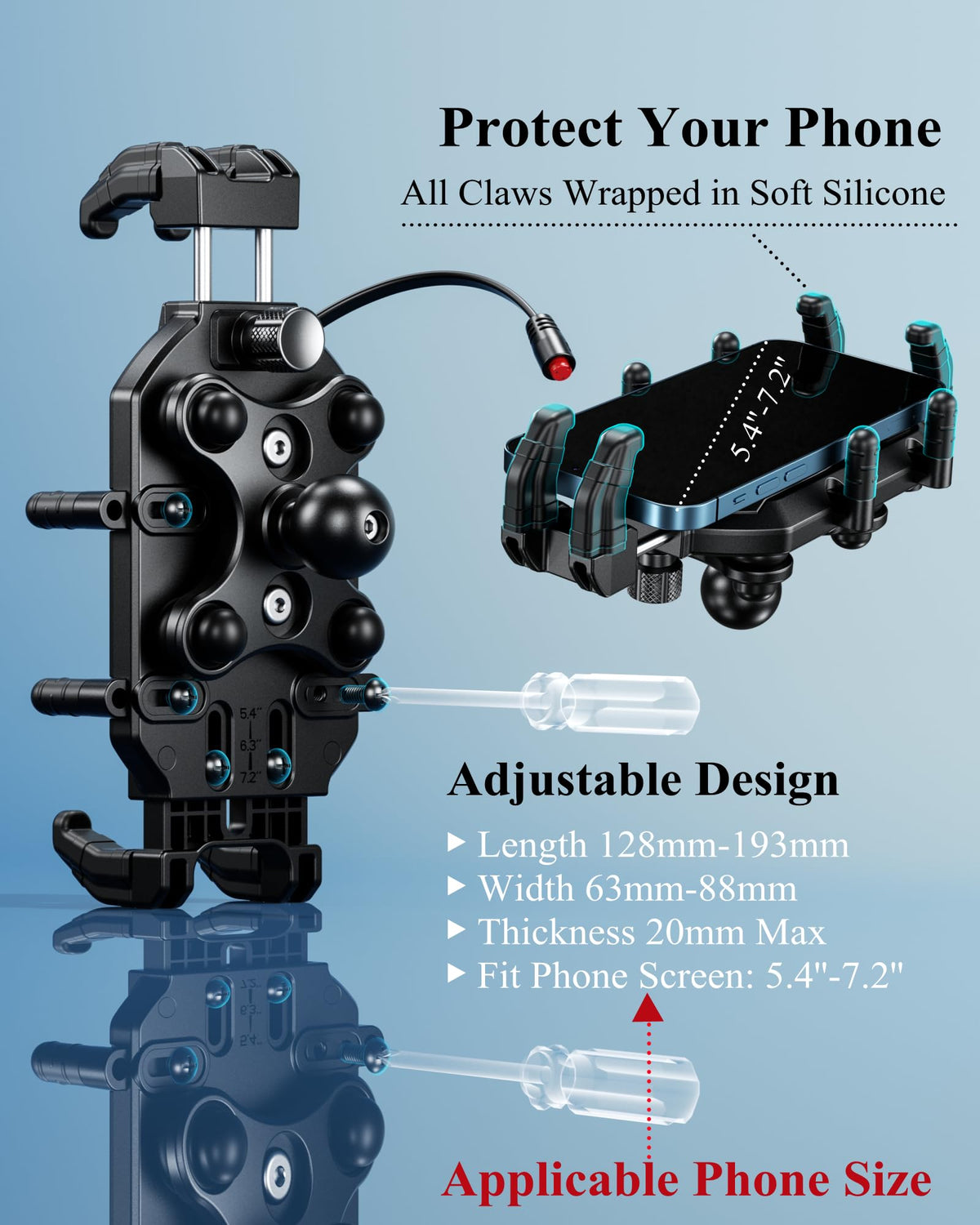 BRCOVAN phone fit range showing case-compatible dimensions and clamp