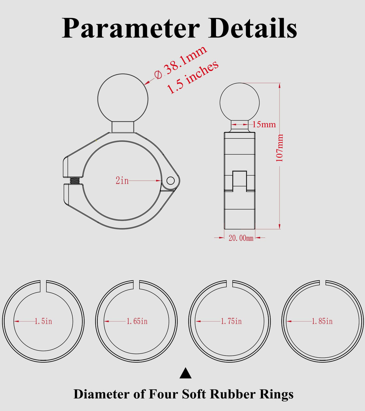 BRCOVAN size comparison with ruler to confirm compatibility with rail diameters