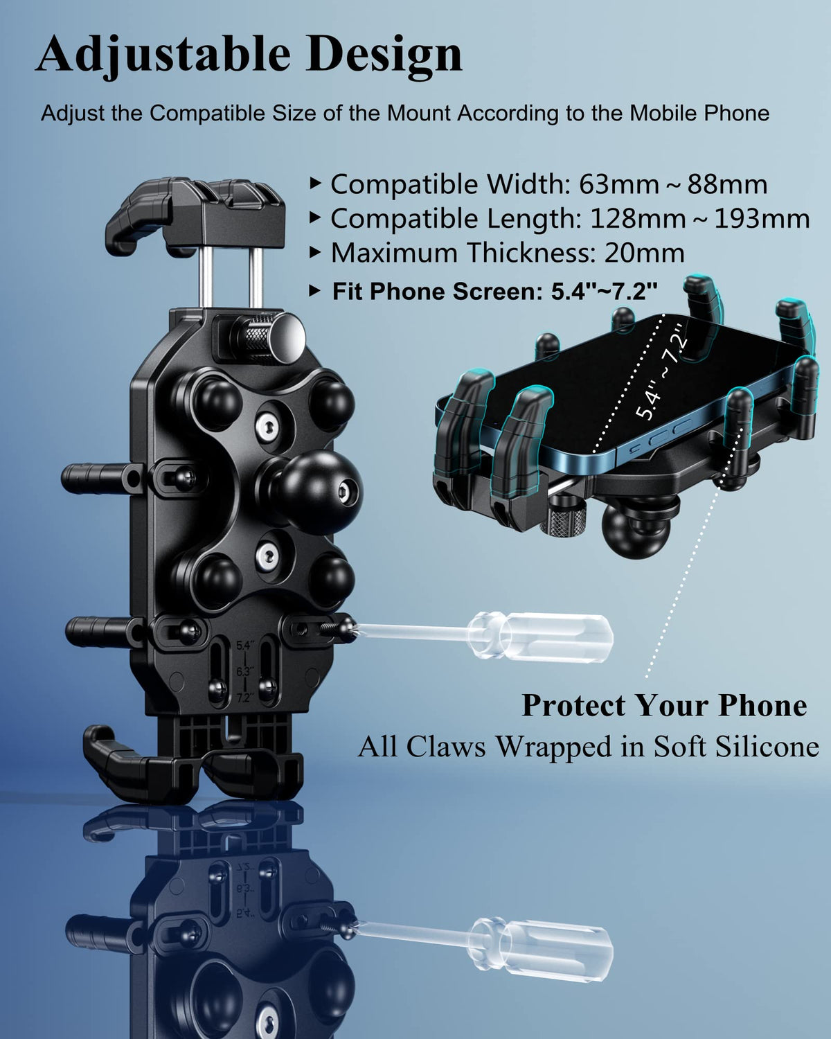 BRCOVAN holder next to ruler showing adjustable phone size compatibility