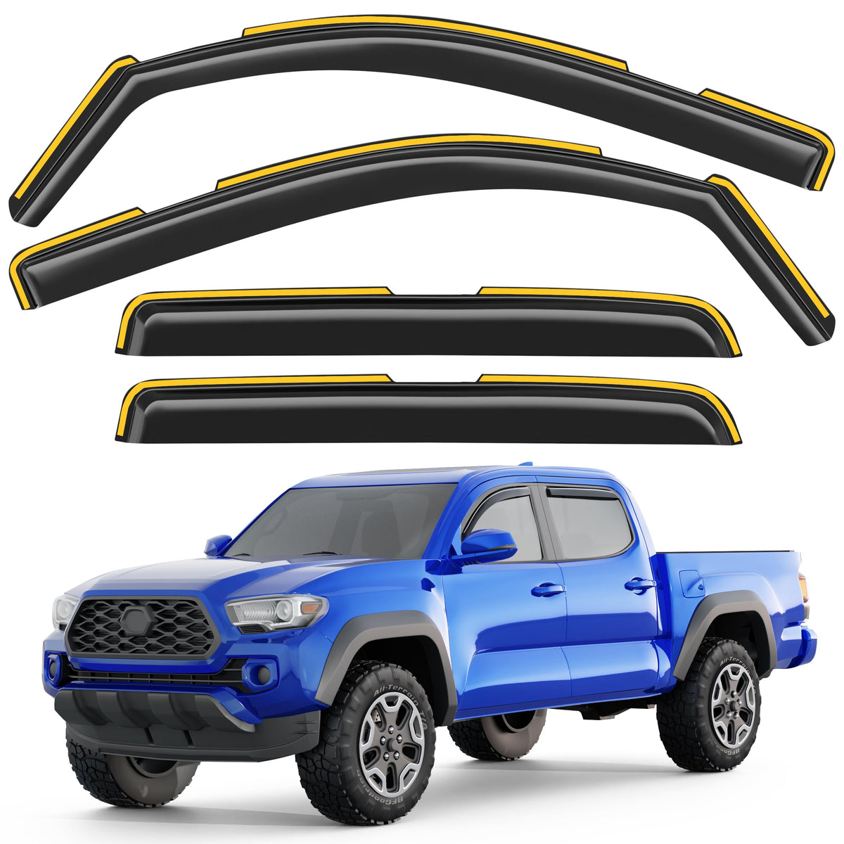 Breejoy front view of packaged Tacoma visors showing complete kit and benefit: easy swap-in