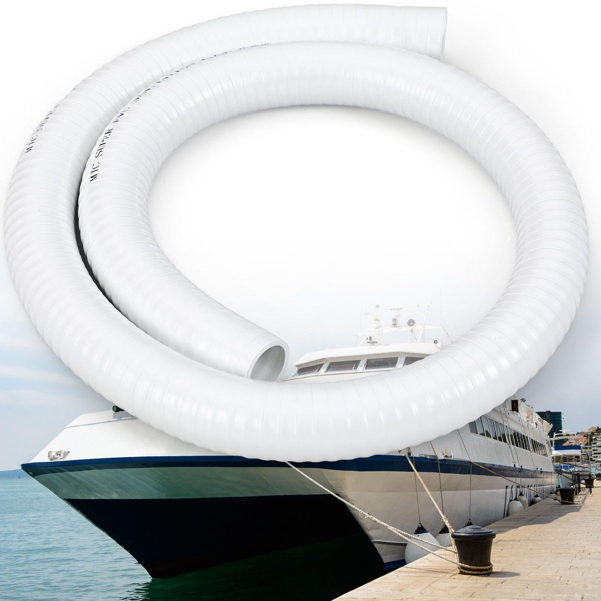 Breling front view of 5 ft sanitation hose showing clean white finish and label, durable choice
