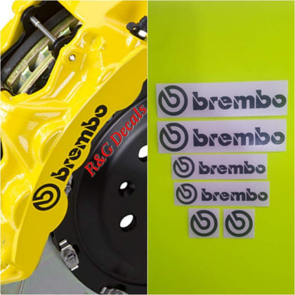 Brembo front packaging with six black caliper decals and instructions showing professional presentation and included prep solution