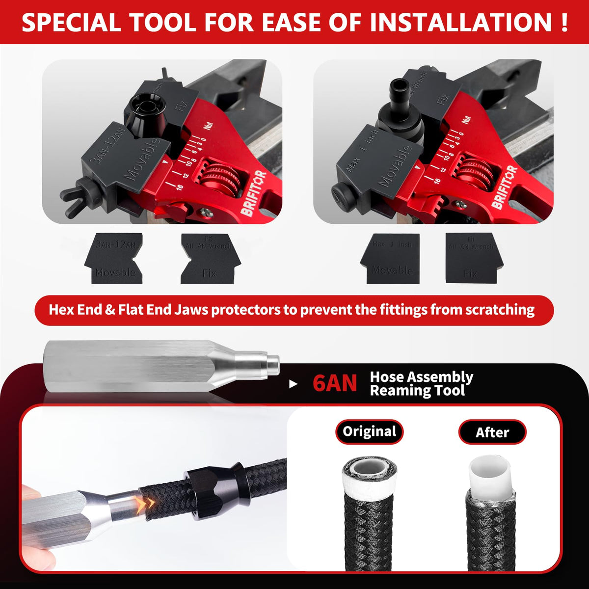 BRIFITOR fittings beside a ruler to show size and compatibility with standard 6AN hose