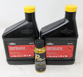 Briggs & Stratton front pack showing two 18oz oil bottles and fuel treatment benefits quick maintenance