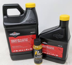 Briggs & Stratton front packaging showing oil kit and included fuel treatment benefits maintenance