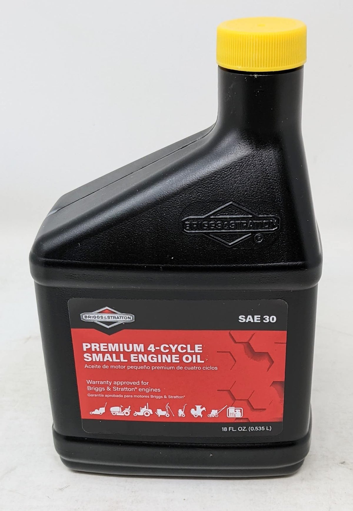Briggs & Stratton 2 oz fuel treatment bottle illustrating compact size and fuel stability benefit