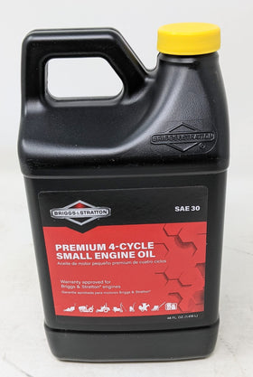 Close-up of Briggs & Stratton 30W oil bottle label showing clear product ID and warranty compliance