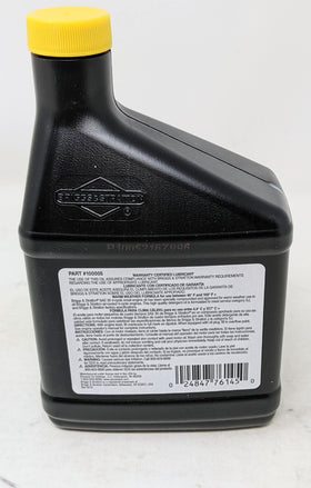Briggs & Stratton oil bottle close-up displaying SAE 30 label and easy-pour spout for accurate filling