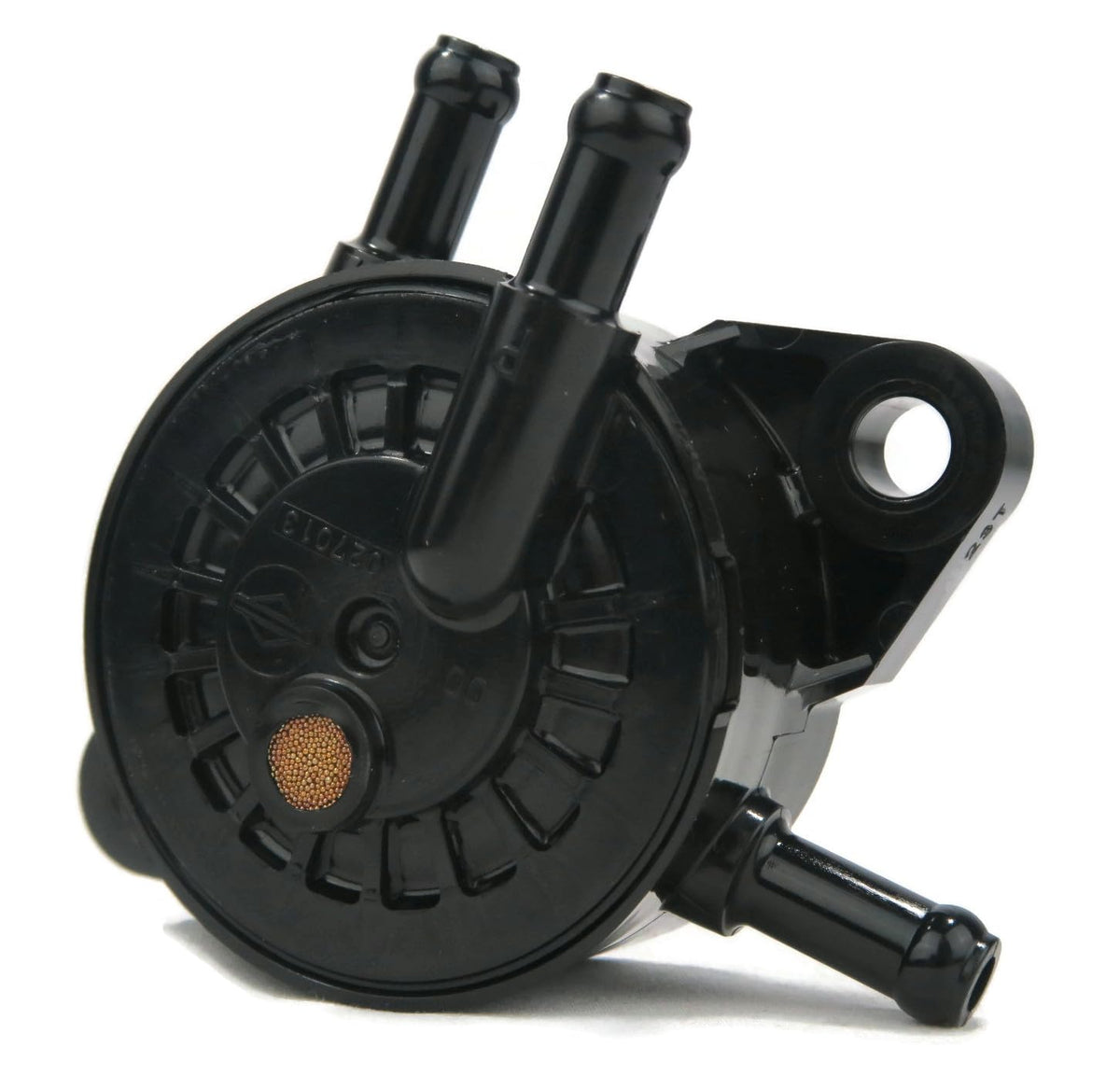 Briggs & Stratton Rosotion fuel pump connected to 1/4" fuel line demonstrating leak-free attachment