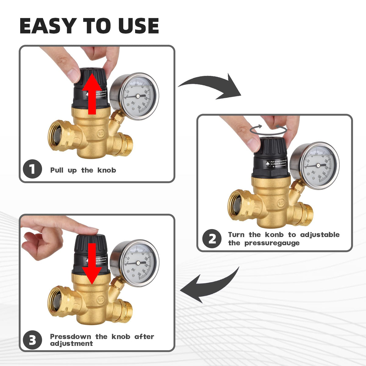 BRIGHTDECK regulator attached to RV spigot protecting plumbing from high pressure