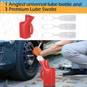 BrightRow lube bucket in use on a center post tire changer demonstrating clean bead application